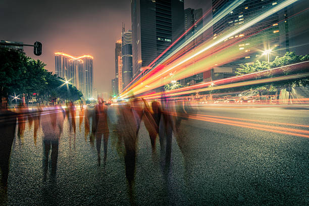 Dynamic night cityscape with light trails from long exposure