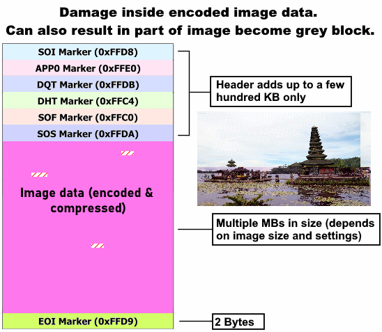 Diagram showing damage within the image data section of a JPEG file