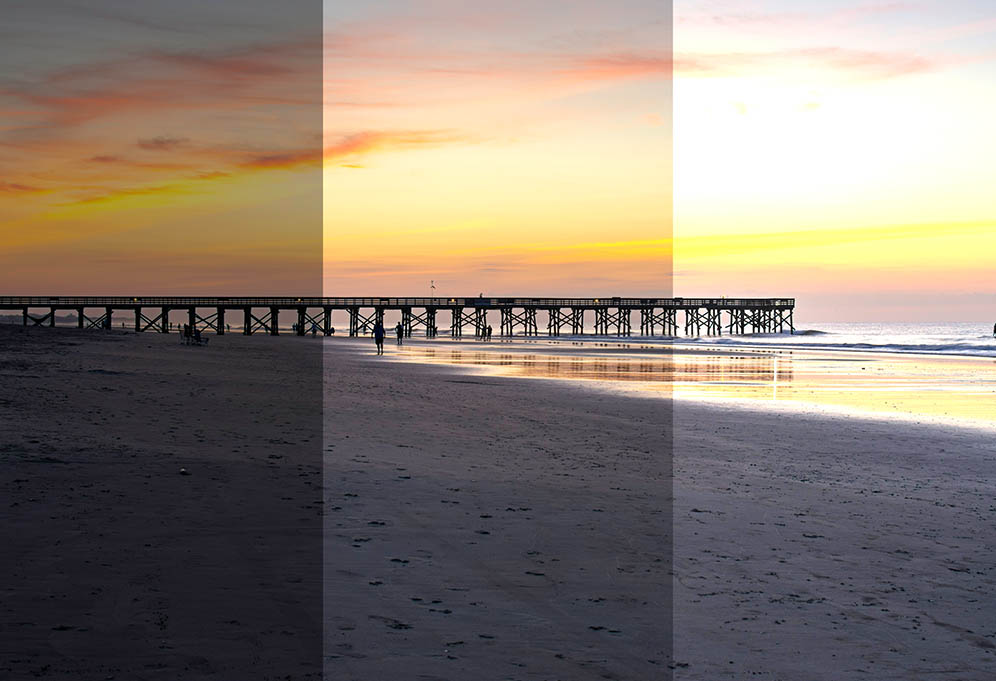 Three exposure brackets of a pier at sunrise