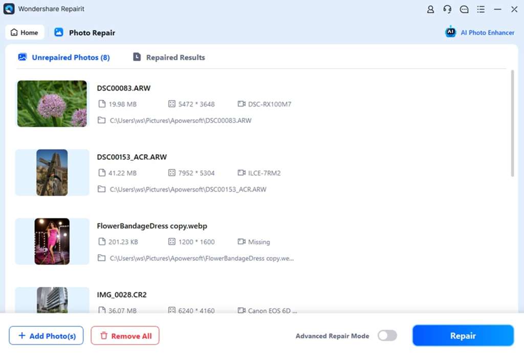 Repairit showing repaired HEIC files ready for download