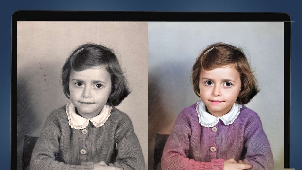 A before and after comparison of a photo of a young girl, restored and colorized.