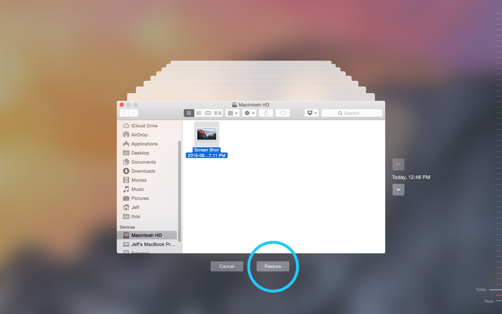 macOS Time Machine interface showing file restore