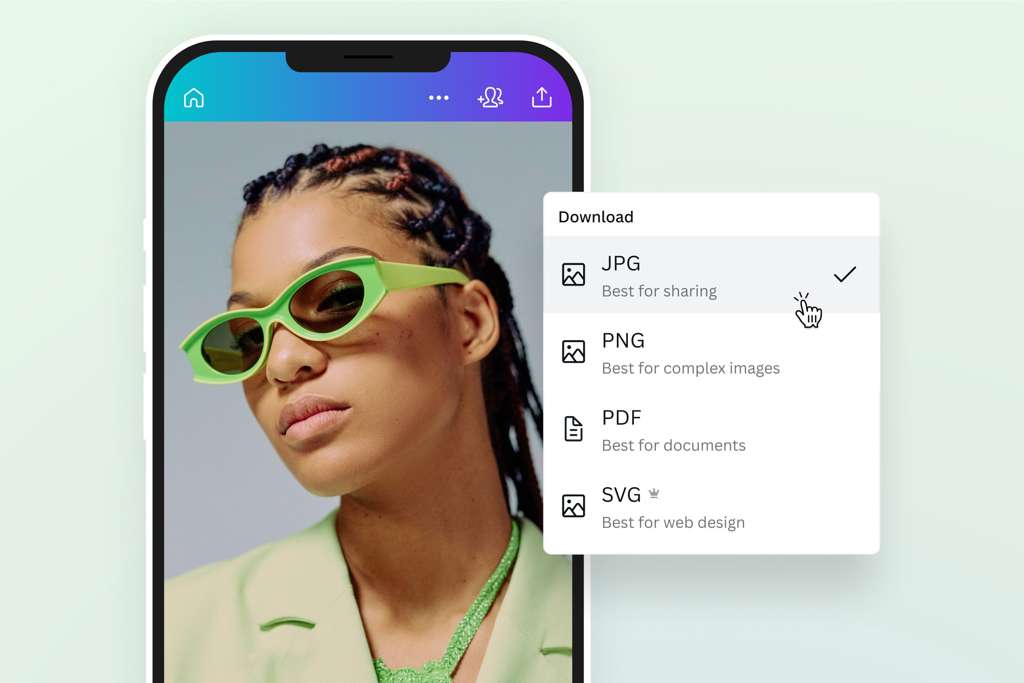 A smartphone screen showing download options for different file formats like JPG, PNG, and PDF.