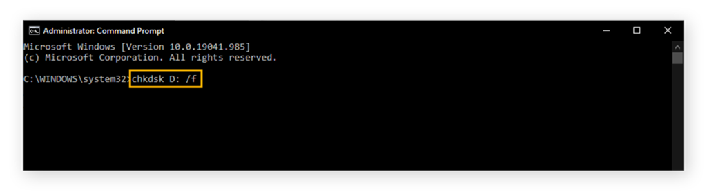 Windows Command Prompt showing chkdsk command