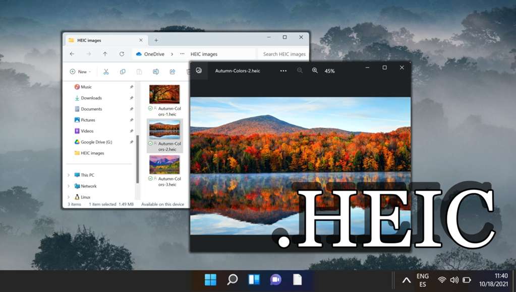 A computer screen showing HEIC files in a file explorer and one opened in a photo viewer.