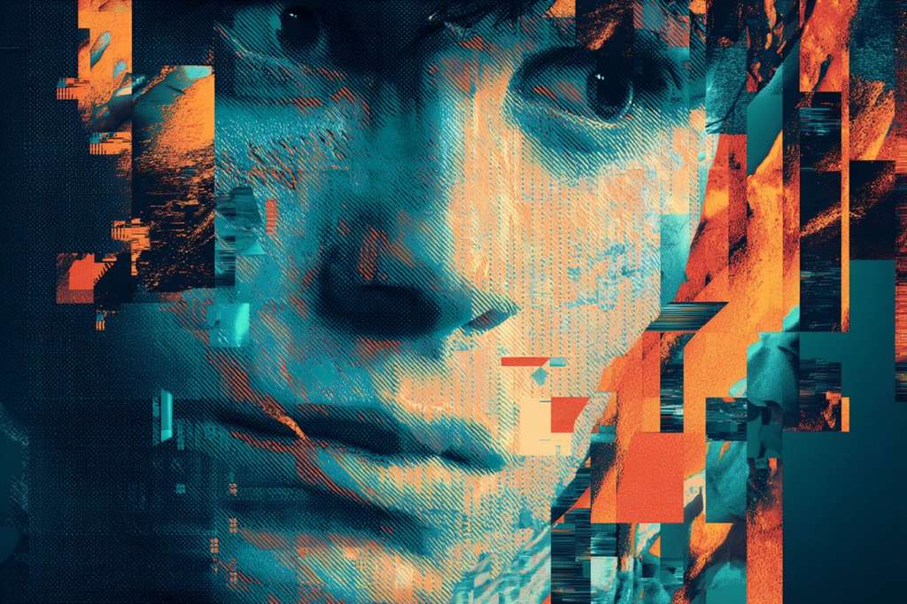 Digital artwork of a face with glitch art distortion